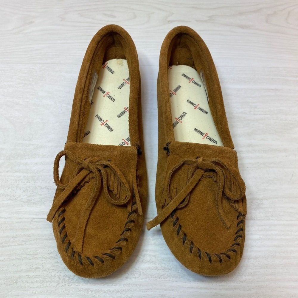 Minnetonka Womens 10 Moccasin Softsole Fringe Brown Suede Slip On Flat Loafer